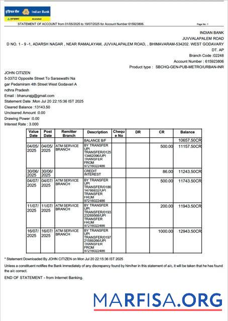 Printable Indian Bank Allahabad statement of account word version 2 template